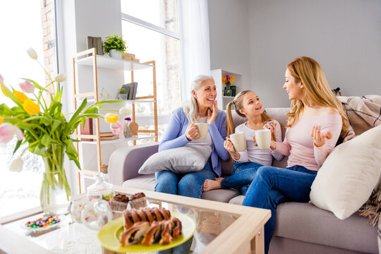 Portrait of three positive friendly woman sitting sofa hold beverage mug free time house indoors
