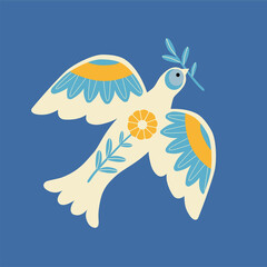 Stylized dove, symbol of peace. Vector icon isolated on a blue background. Peace to Ukraine. 