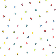 Happy Easter seamless pattern with colorful eggs on white background. Polka dots design for card, postcard, wallpaper, posters. Vector stock illustration. Cartoon style