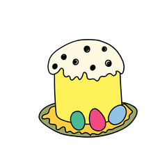 Easter cake isolated on white background. Hand drawn Happy Easter symbol. Paschal cake with candle on plate. Holiday sweet food. Doodle style. Vector stock illustration
