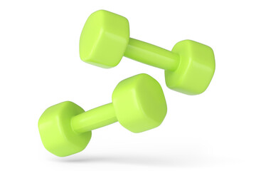 Pair of rubber green dumbbells isolated on white background