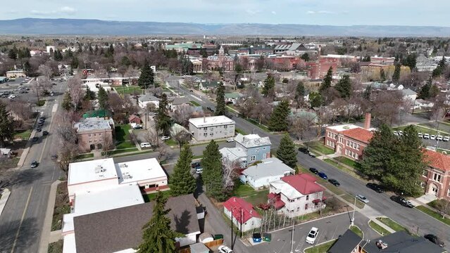 Cinematic 4K aerial drone pedestal shot of the Central Washington University in the city of Ellensburg, Kittitas County in Western Washington