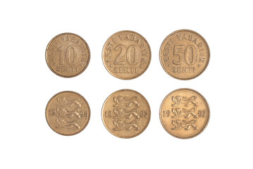 Set of old Estonian coin isolated on black, 10 20 50 senti. Coinage, close-up.