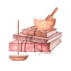 Hand Drawn Watercolor Sacred Spiritual illustration isolated on white. Watercolour Stack of books and a Stick incense standing near. Tibetan bowl on the top of the books