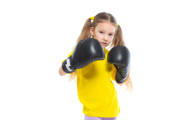 Little cute girl in boxing gloves. Fighter. Isolated on white background.