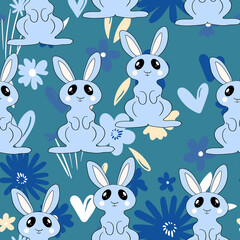 Seamless pattern with silhouette Easter rabbits on color floral background. Design for card, postcard, wallpaper, fabric, textile. Vector stock illustration. Cartoon style