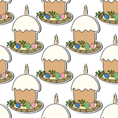 Seamless pattern with Easter cake on white background. Hand drawn Happy Easter symbol. Design for card, postcard, wallpaper, poster, fabric, textile. Holiday sweet food. Doodle style
