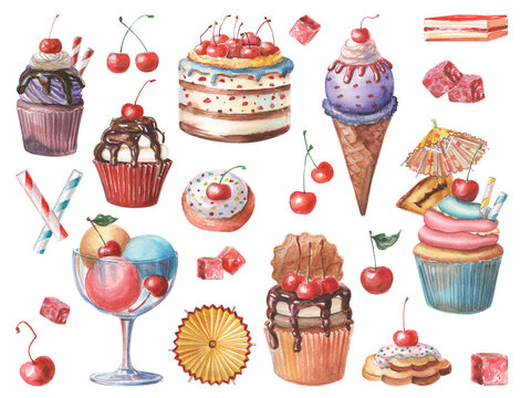 Watercolor colorful party set of cakes, cupcakes, ice-cream and berries. Isolated desserts with chocolate  and cookies for birthday postcards. 