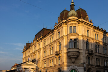 Ljubljan center old buildings on sunset golden hour