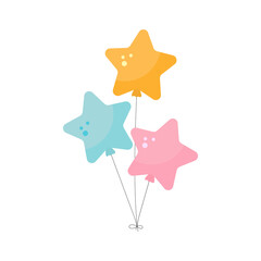 Bright and cute festive balloons in the shape of a star color pink, blue and yellow. Birthday party or carnival decorations balloon. Bunch of balloons flying in the air. Vector illustration
