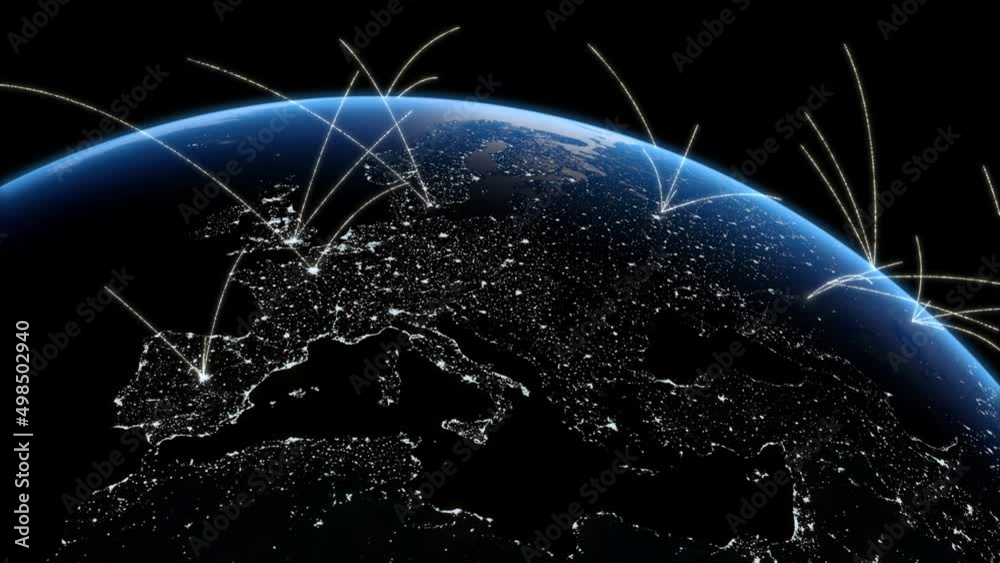 Wall mural digital net over the surface of the night earth planet. stylization of tech earth globalization. lum