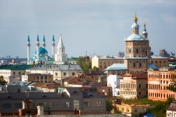 Fototapeta premium Aerial view bell tower of the Cathedral, church and Kremlin. Kazan, Tatarstan, Russia