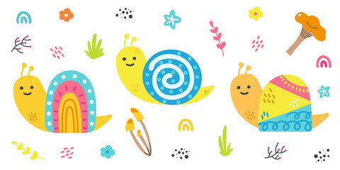 Set of cheerful little snail with mushrooms, flowers, plants on white background. Hand drawn vector illustration. Happy cute cartoon snail with colourful shell. Spring and summer collection