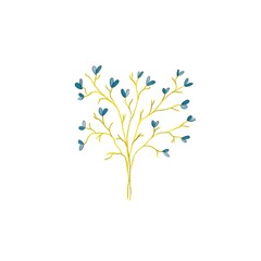 tree with leaves. Stylized twig with flowers in yellow and blue colors. Plant illustration.