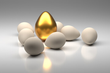 One golden Easter egg with many white natural eggs, 3d rendering