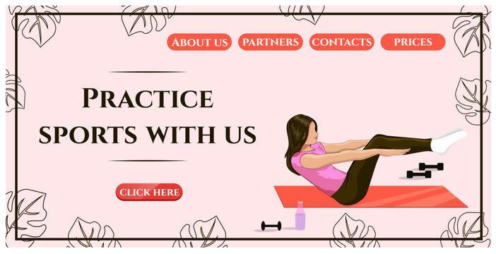 The girl is engaged in sports. Website. An invitation to a training session from the company. Vector Stock illustration. Pink background. Flat style