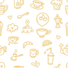 Seamless pattern with food, drinks and utensils on white background. Doodle cafe wallpaper. Cute vector print.