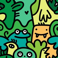 Seamless pattern with cute cartoon creatures on green background. Funny cartoon animals print. Doodle monster poster.