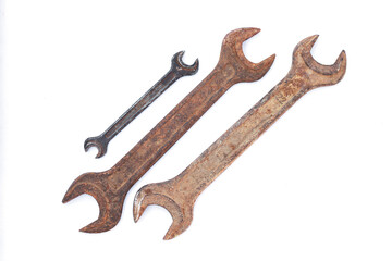 Set old dirty adjustable wrench isolated on white background