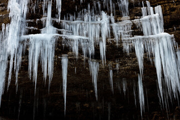Winter Dangerous Icy Stalactites in Mountains