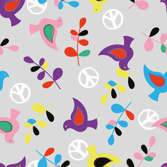 Peace Bird and Leaf Symbol Multicolor Vector Seamless Pattern