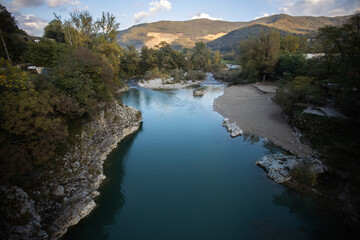 Fototapeta na wymiar River Soca in town Deskle Slovenia