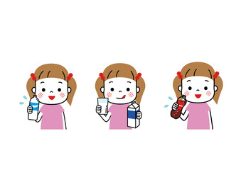 いろんな飲み物　牛乳、コーラ、水を飲む女の子