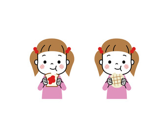 パンをもぐもぐと食べる女の子　食パン、メロンパン