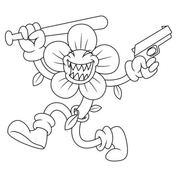 Coloring illustration of cartoon bad flower holding weapons