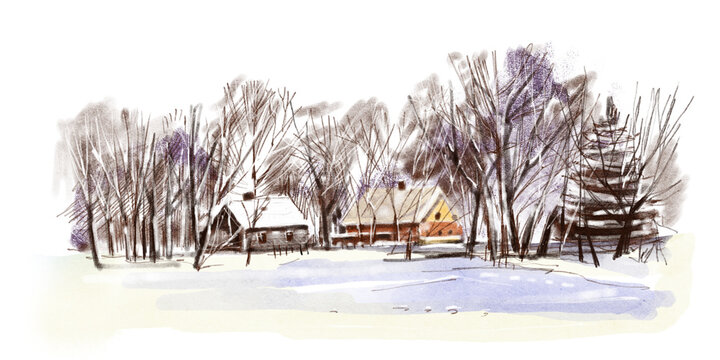  Winter landscape with a small village