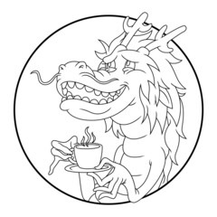 Coloring illustration of cartoon dragon holding a hot cup