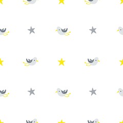 Seamless pattern with cute cartoon seagulls and stars. Childish simple pattern with cute seagulls in Scandinavian style on a white background. Vector illustration.