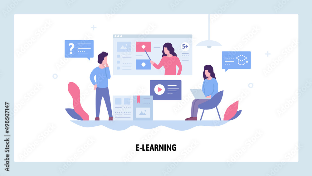 Poster online education concept. two students are studying online course video tutorial. vector web site de