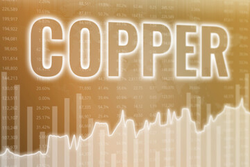 Price change on copper on yellow finance background. 3D render, soft focus. Global economy concept