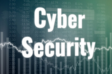 Words Cyber Security on blue and green finance background. 3D render, soft focus. Global economy concept