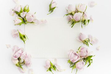 Fototapeta na wymiar Framework from roses and petals on white background. Flat lay.