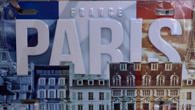Paris metal plate. Symbol of Paris. Video 4K