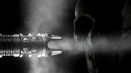 Smoking gun muzzle with skull behind