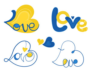 Vector illustration lettering words love. Word set combinations in Ukraine color flag. Ukraine color yellow and blue.
