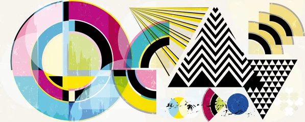Poster abstract circle background, retro, vintage style, with triangles, paint strokes and splashes © Kirsten Hinte