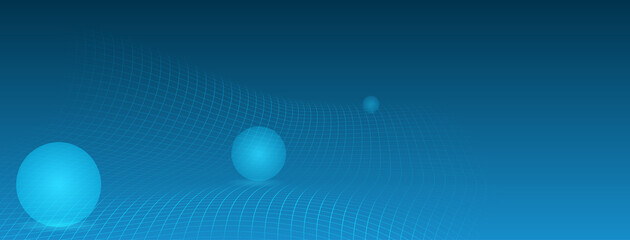 Abstract futuristic background in blue colors with curved mesh surface and several spheres