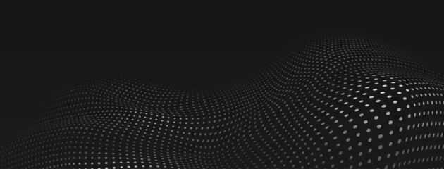 Abstract halftone background with curved surface made of small dots, white on black