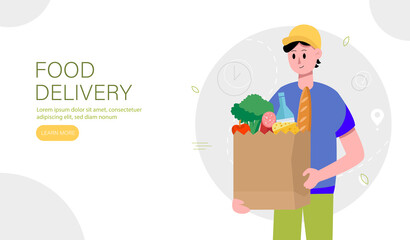 Food delivery landing page template. Fast and free delivery by courier to your home or work. Vector illustration.