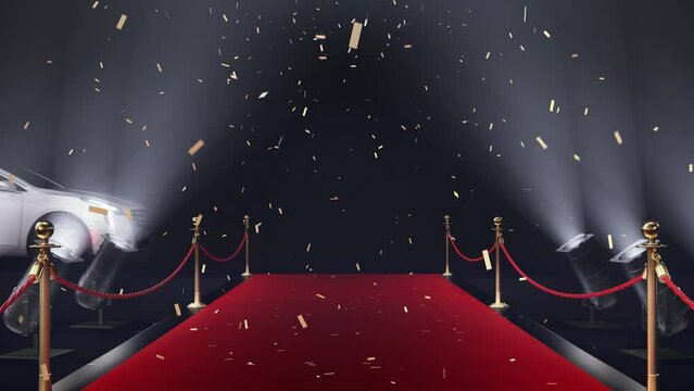 red carpet with limousine and confetti