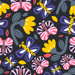 Modern background with flowers and butterflies in modern floral style. Vector design for paper, cover, fabric, indoor decor and more. Hand drawn illustration