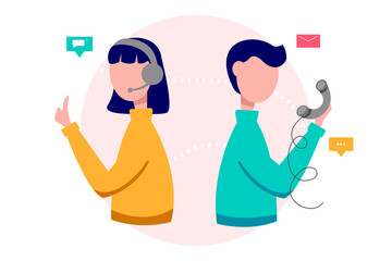 Male and female call center operators. Customer service, online and phone consultation. flat style illustration.