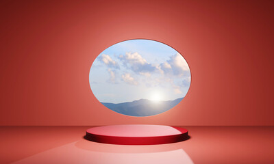 Premium pedestal. podium backdrop with natural beauty for displaying products and designs with sky background. 3d illustration