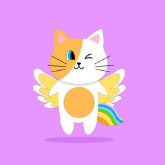 Cute cat with wings and rainbow tail