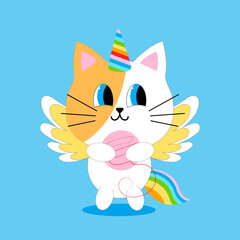 Cute, cartoon cat unicorn with a ball.