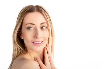 Fototapeta premium Beautiful woman shoulder cropped portrait with copy space.